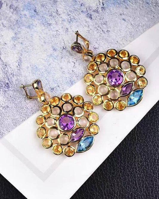 Gorgeous Cluster-set Earrings✨: Natural Citrine, Amethyst & More, German Craftsmanship! - crystal luminious soul