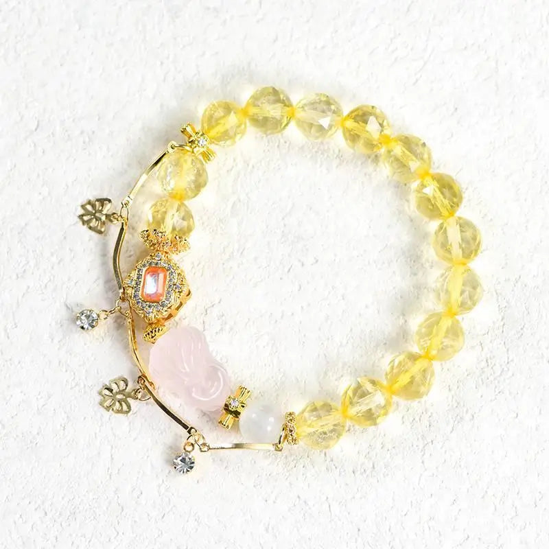 Citrine Diamond Face Bracelet with Pink Crystal Fox Charm Crystal Country Arts and Crafts
