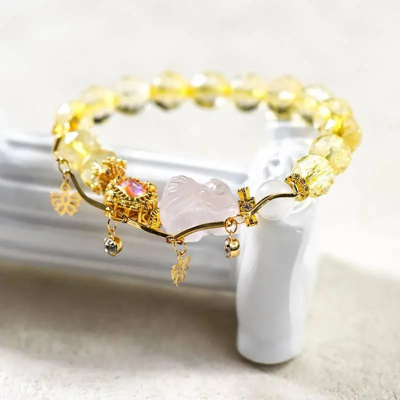 Citrine Diamond Face Bracelet with Pink Crystal Fox Charm Crystal Country Arts and Crafts