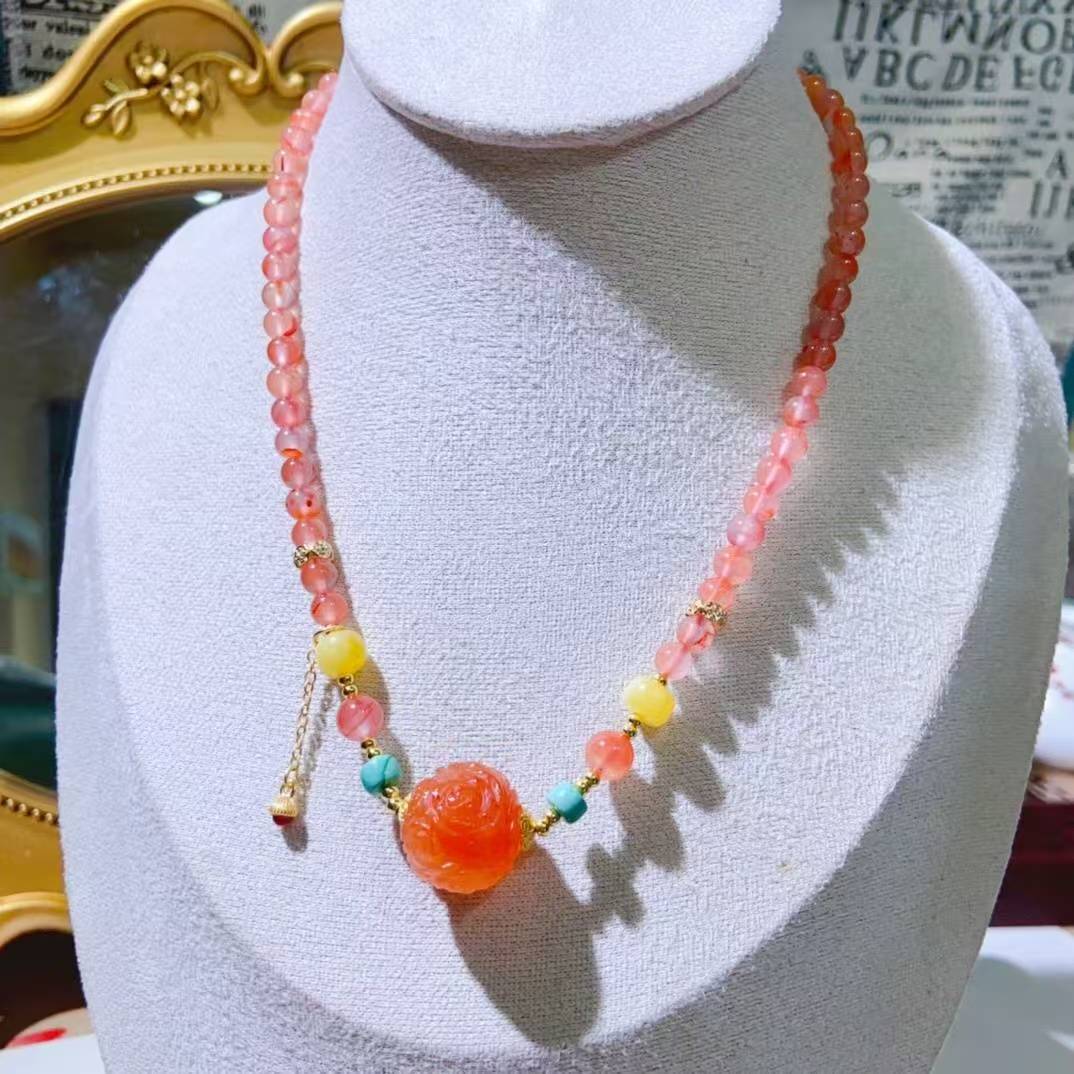 Natural Red Agate Bead Necklace with Carved Flower - Chinese Agate Jewelry