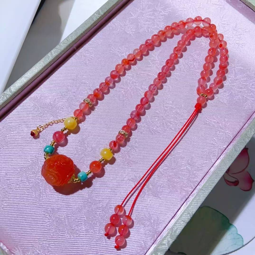 Natural Red Agate Bead Necklace with Carved Flower - Chinese Agate Jewelry
