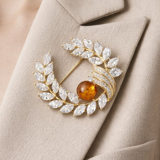 Natural Citrine Brooch - Bright Moon Model Elegance - crystal luminious soul